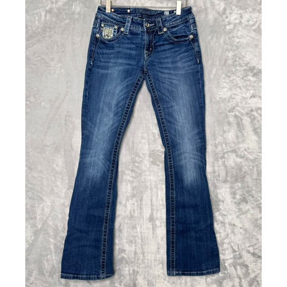 Miss Me Jeans Womens 27 Signature Rise Bootcut Dark Wash Silver Sequin Stitching - Picture 1 of 16